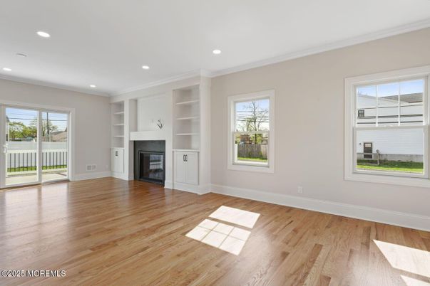 Empty room, Fireplace, Interior, Recessed Lighting, Wood Texture Flooring