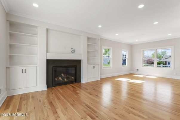 Empty room, Fireplace, Interior, Recessed Lighting, Wood Texture Flooring
