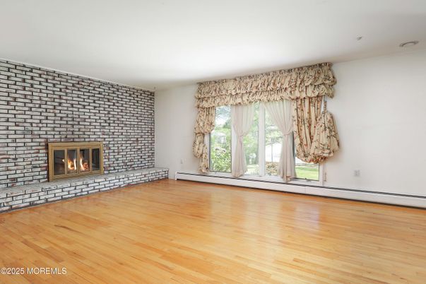 Empty room, Fireplace, Interior, Stone Walls, Wood Texture Flooring