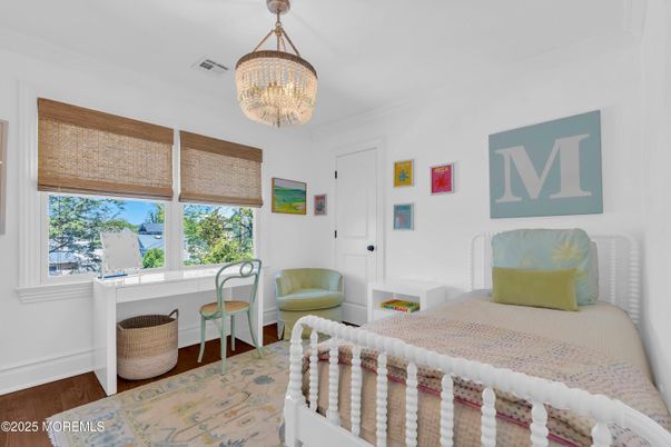 Bedroom, Chandelier, Interior, Wood Texture Flooring