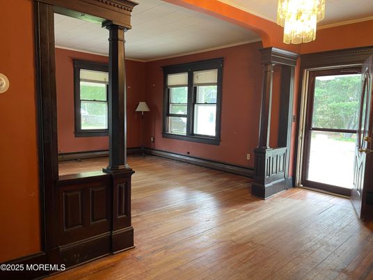 Chandelier, Empty room, Interior, Wood Texture Flooring