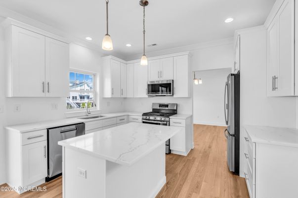 Interior, Kitchen, Pendant Lights, Recessed Lighting, Stainless Steel Appliances, Wood Texture Flooring