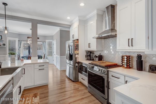 Interior, Kitchen, Pendant Lights, Recessed Lighting, Stainless Steel Appliances, Wood Texture Flooring