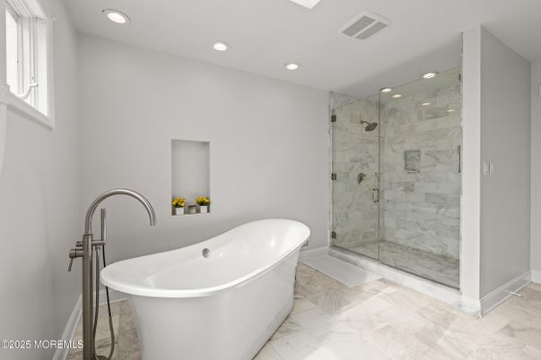 Bathroom, Free Standing Baths, Glass Shower, Interior, Marble, Marble Walls, Recessed Lighting