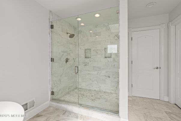 Bathroom, Glass Shower, Interior, Marble, Marble Walls, Recessed Lighting