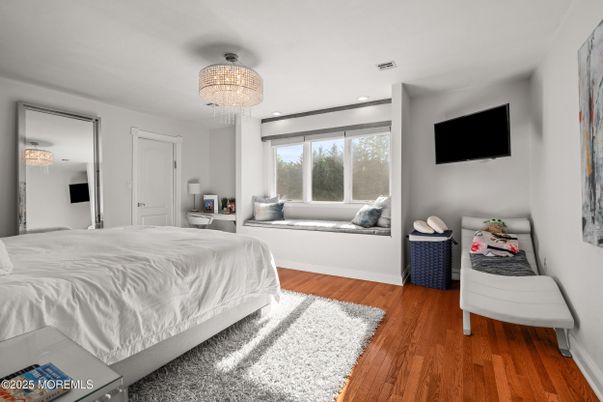 Bedroom, Chandelier, Interior, Recessed Lighting, Wood Texture Flooring