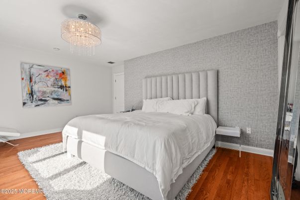 Bedroom, Chandelier, Interior, Wood Texture Flooring