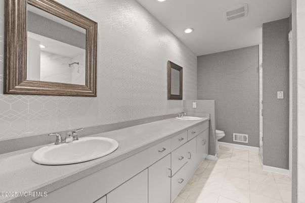 Bathroom, Dual Sink Vanities, Interior, Marble, Recessed Lighting