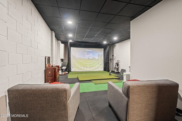 Interior, Projection Screen, Recessed Lighting, Stone Walls