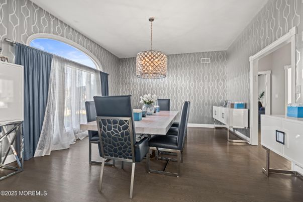 Dining room, Interior, Pendant Lights, Wood Texture Flooring