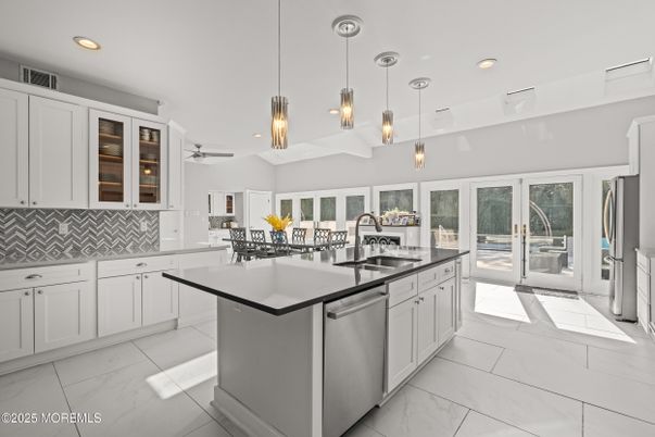 Interior, Kitchen, Marble, Pendant Lights, Recessed Lighting, Stainless Steel Appliances