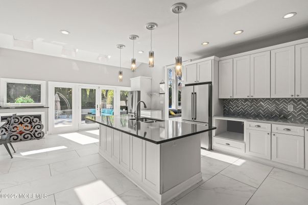 Interior, Kitchen, Marble, Pendant Lights, Recessed Lighting, Stainless Steel Appliances