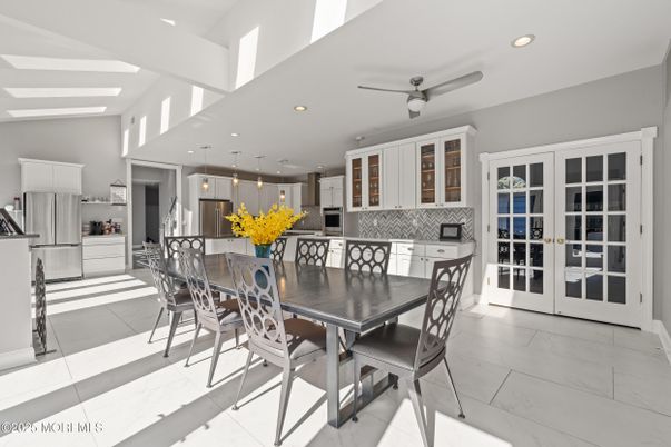 Dining room, Interior, Kitchen, Marble, Pendant Lights, Recessed Lighting, Stainless Steel Appliances