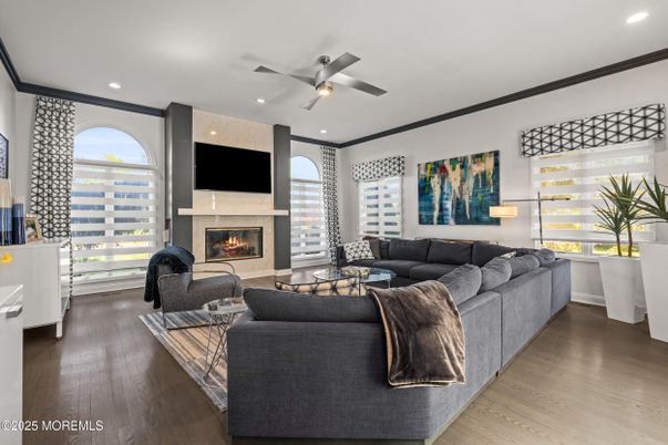 Fireplace, Interior, Living room, Recessed Lighting, Wood Texture Flooring