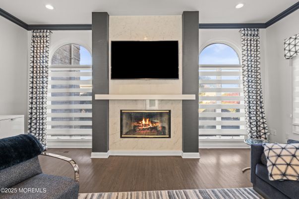 Fireplace, Interior, Recessed Lighting, Wood Texture Flooring