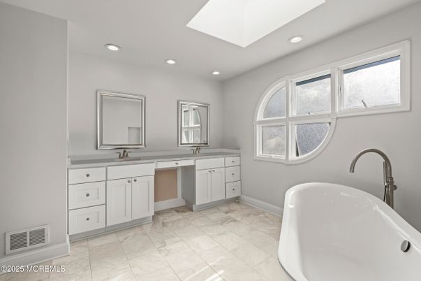 Bathroom, Dual Sink Vanities, Free Standing Baths, Interior, Marble, Recessed Lighting