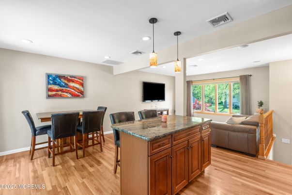 Dining room, Interior, Pendant Lights, Recessed Lighting, Wood Texture Flooring