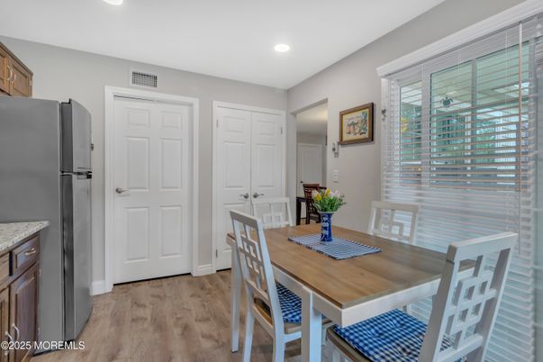 Dining room, Interior, Recessed Lighting, Wood Texture Flooring