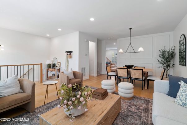 Dining room, Interior, Living room, Pendant Lights, Recessed Lighting, Wood Texture Flooring
