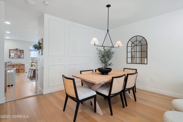 Dining room, Interior, Pendant Lights, Recessed Lighting, Wood Texture Flooring