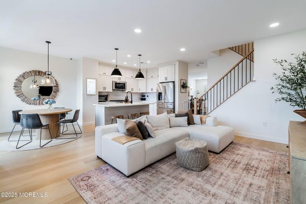 Dining room, Interior, Kitchen, Living room, Pendant Lights, Recessed Lighting, Stainless Steel Appliances, Wood Texture Flooring