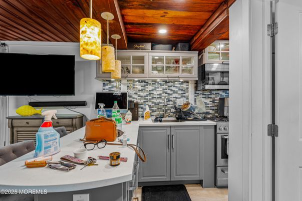 Interior, Kitchen, Pendant Lights, Recessed Lighting, Stainless Steel Appliances, Wooden Ceilings