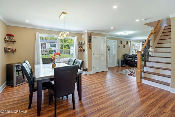 Dining room, Interior, Pendant Lights, Recessed Lighting, Wood Texture Flooring