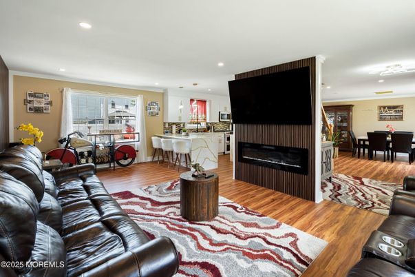 Dining room, Interior, Kitchen, Living room, Recessed Lighting, Wood Texture Flooring