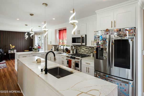 Interior, Kitchen, Pendant Lights, Recessed Lighting, Stainless Steel Appliances, Wood Texture Flooring