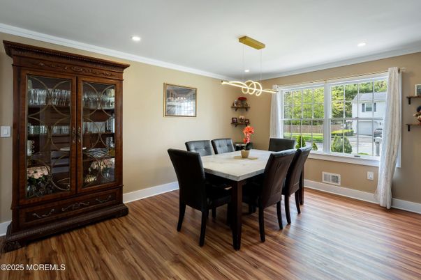 Dining room, Interior, Pendant Lights, Recessed Lighting, Wood Texture Flooring