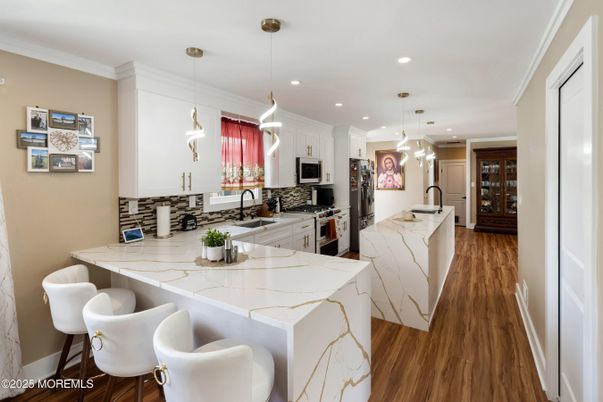 Interior, Kitchen, Pendant Lights, Recessed Lighting, Stainless Steel Appliances, Wood Texture Flooring