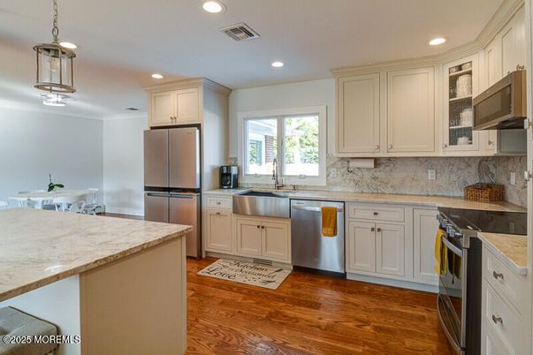Interior, Kitchen, Pendant Lights, Recessed Lighting, Stainless Steel Appliances, Wood Texture Flooring