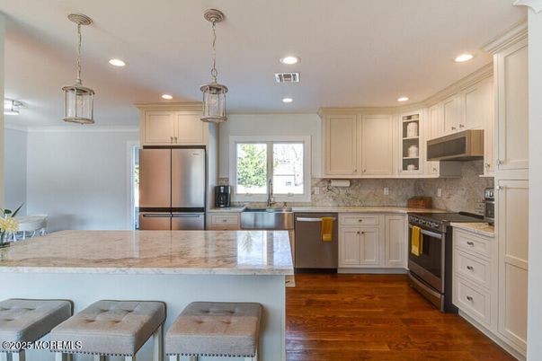 Interior, Kitchen, Pendant Lights, Recessed Lighting, Stainless Steel Appliances, Wood Texture Flooring
