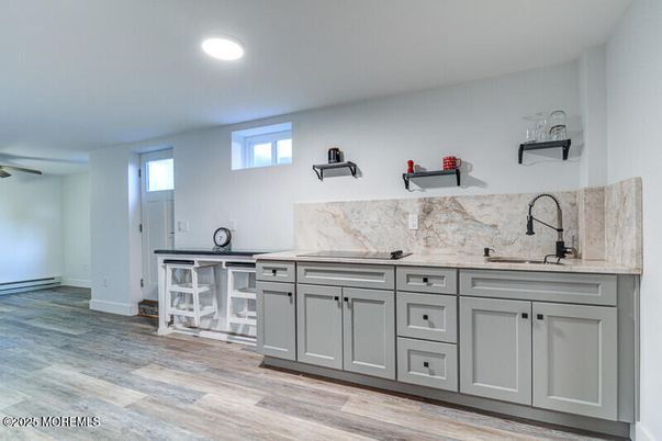 Interior, Kitchen, Marble Walls, Recessed Lighting, Wood Texture Flooring