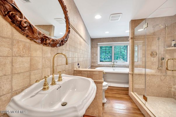 Bathroom, Glass Shower, Interior, Recessed Lighting, Wood Texture Flooring