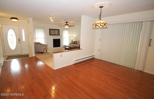 Fireplace, Interior, Living room, Pendant Lights, Wood Texture Flooring