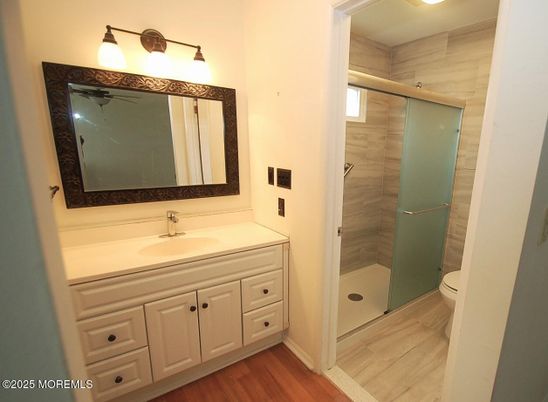 Bathroom, Glass Shower, Interior, Wood Texture Flooring