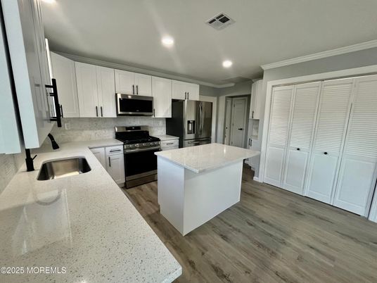 Interior, Kitchen, Recessed Lighting, Stainless Steel Appliances, Wood Texture Flooring