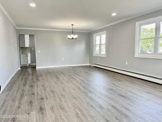 Chandelier, Empty room, Interior, Recessed Lighting, Wood Texture Flooring