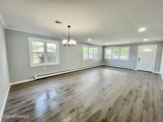 Chandelier, Empty room, Interior, Recessed Lighting, Wood Texture Flooring