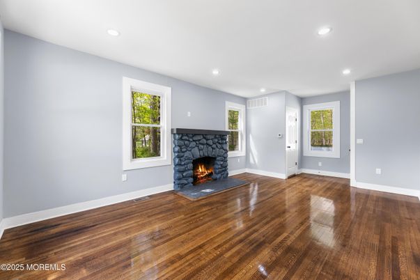 Empty room, Fireplace, Interior, Recessed Lighting, Wood Texture Flooring