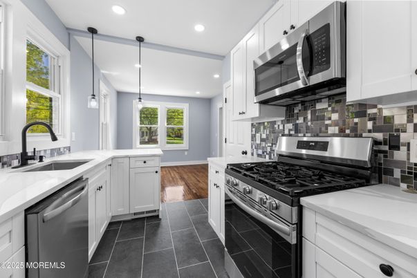Interior, Kitchen, Pendant Lights, Recessed Lighting, Stainless Steel Appliances, Wood Texture Flooring