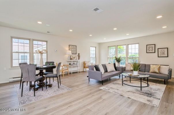 Dining room, Interior, Living room, Recessed Lighting, Wood Texture Flooring