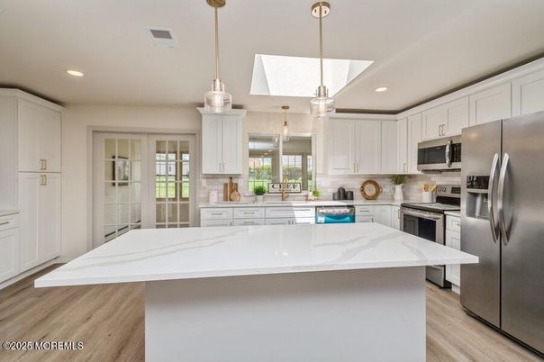 Interior, Kitchen, Pendant Lights, Recessed Lighting, Stainless Steel Appliances, Wood Texture Flooring