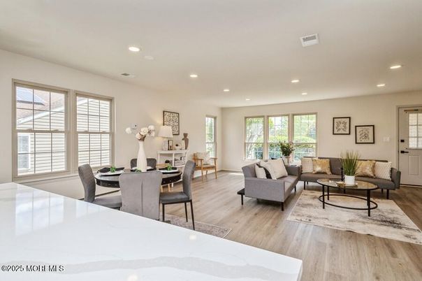Dining room, Interior, Living room, Recessed Lighting, Wood Texture Flooring