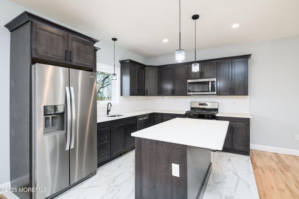 Interior, Kitchen, Marble, Pendant Lights, Recessed Lighting, Stainless Steel Appliances