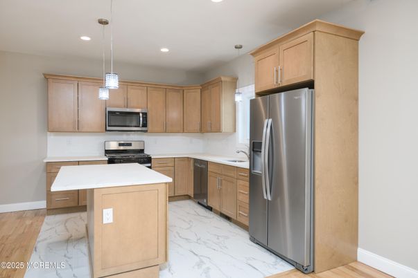 Interior, Kitchen, Marble, Pendant Lights, Recessed Lighting, Stainless Steel Appliances