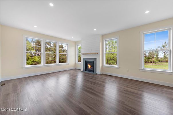 Empty room, Fireplace, Interior, Recessed Lighting, Wood Texture Flooring
