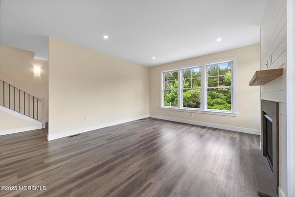 Empty room, Fireplace, Interior, Recessed Lighting, Wood Texture Flooring