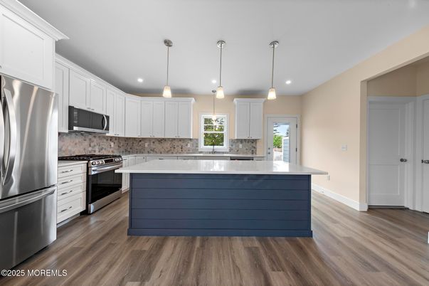 Interior, Kitchen, Pendant Lights, Recessed Lighting, Stainless Steel Appliances, Wood Texture Flooring